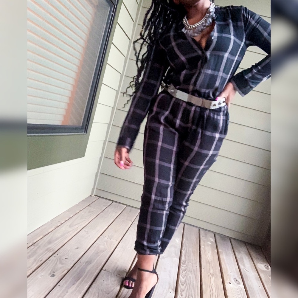 Black/grey plaid drawstring jumpsuit